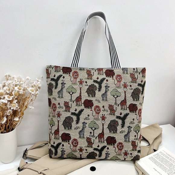 Mini Tote Bag Tapestry Shopper Tote Bag Jungle Animals Gray Beige background - Picture 1 of 2